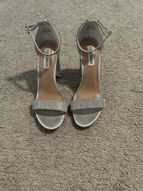 Steve Madden Silver Rhinestone Block-Heel Sandals